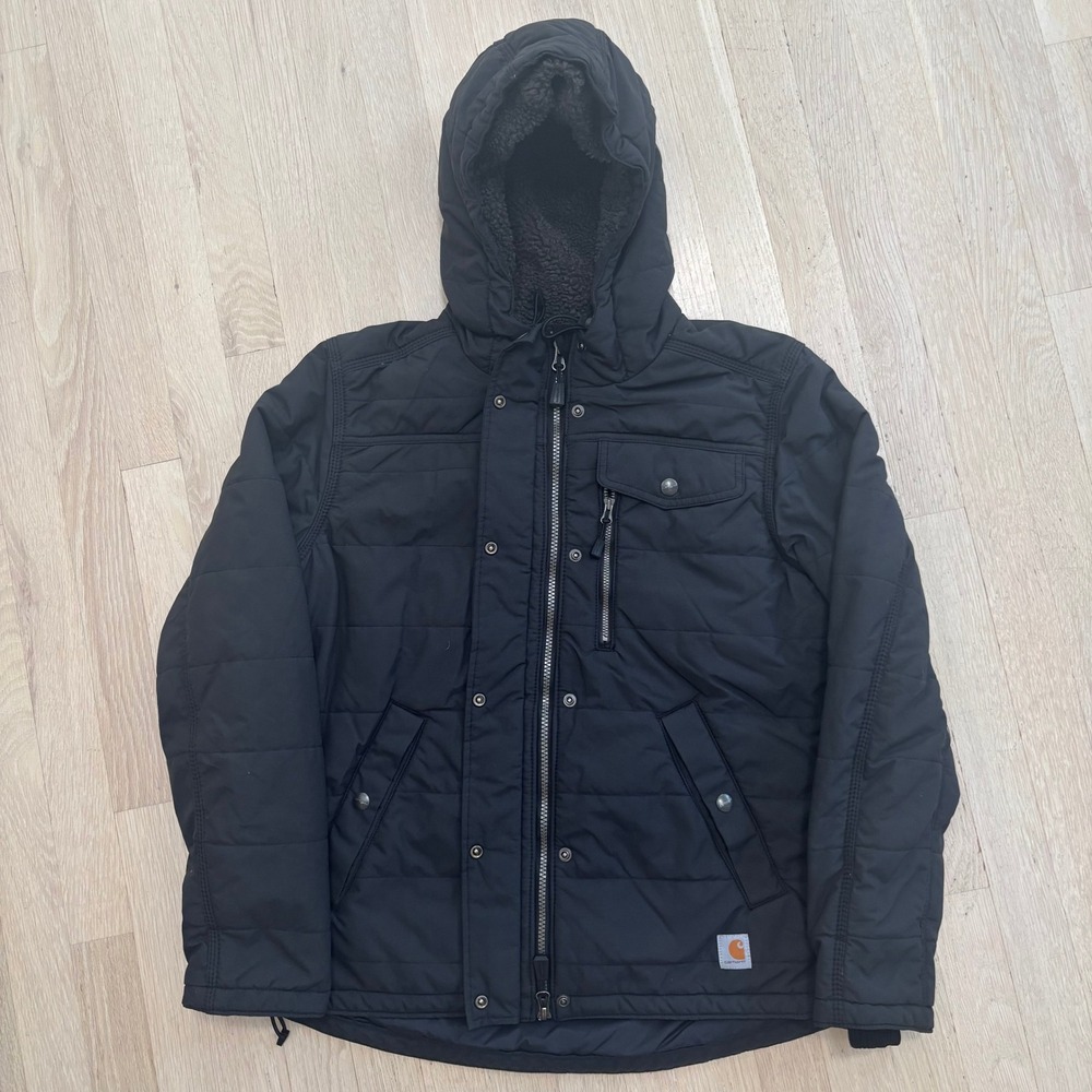Carhartt Rain Defender Jacket Mens M Black Excellent Sherpa Lined Hooded OJ3922